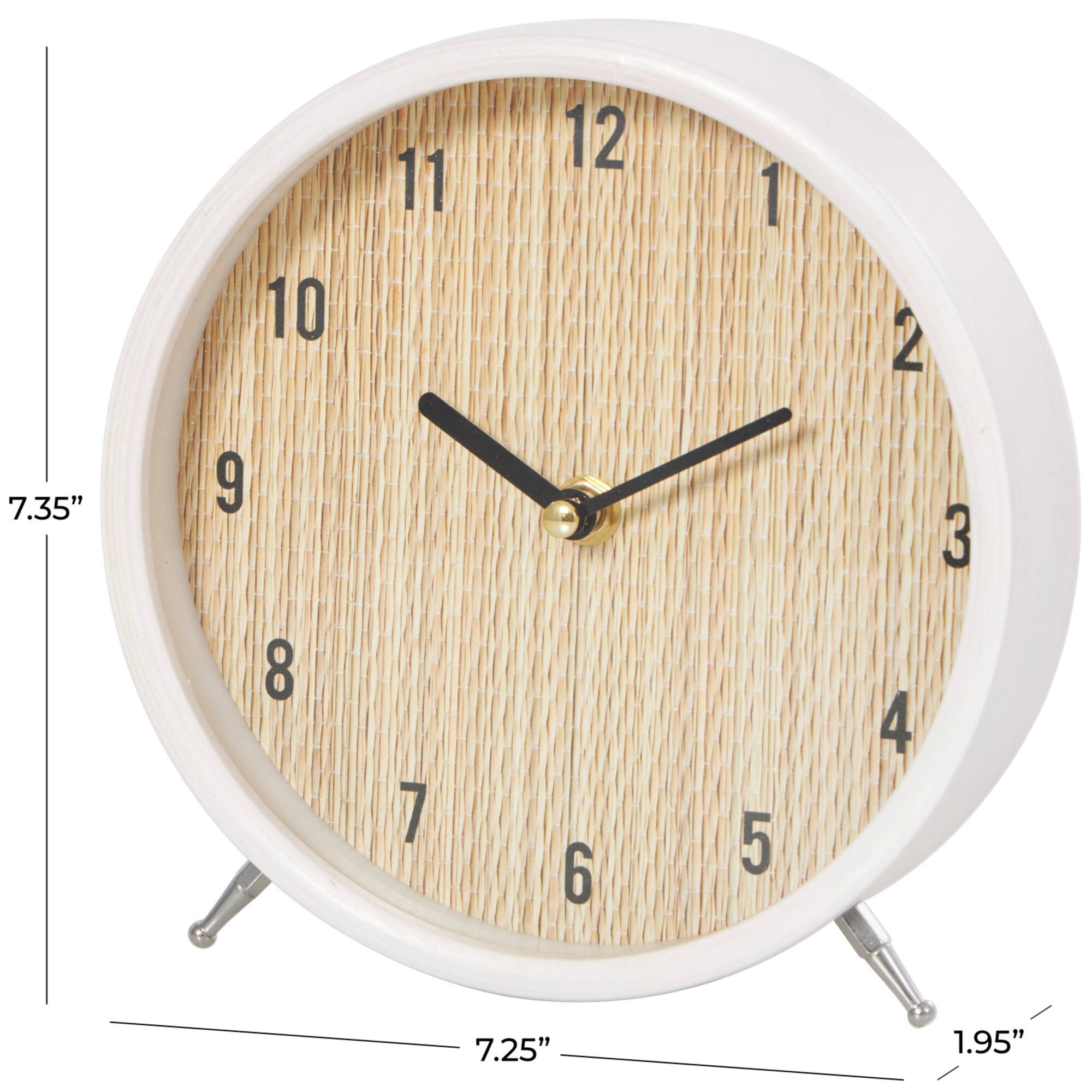 7" Light Brown Wood Woven Clock with White Frame & Silver Legs